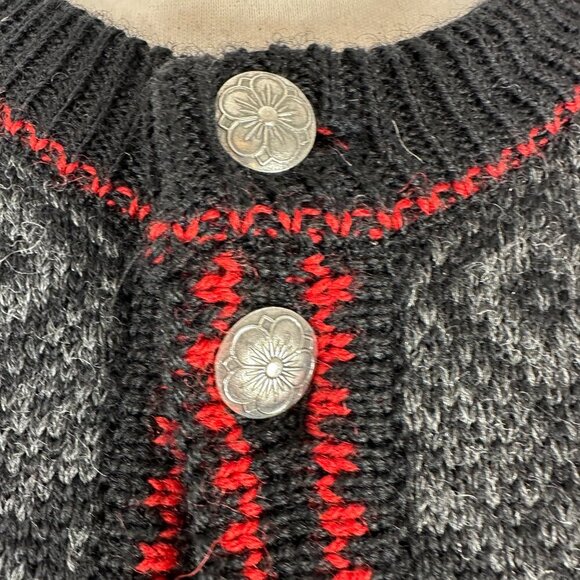 NORLENDER Knitwear Black Red Wool Knit Fair Isle Button Cardigan Sweater Size L - Picture 5 of 11